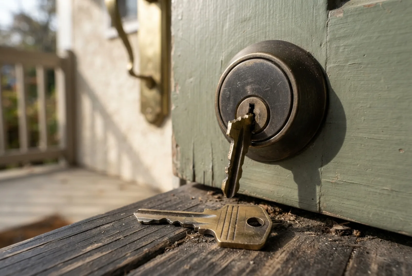 Broken key in the lock: the snapped half of a key in a door cylinder