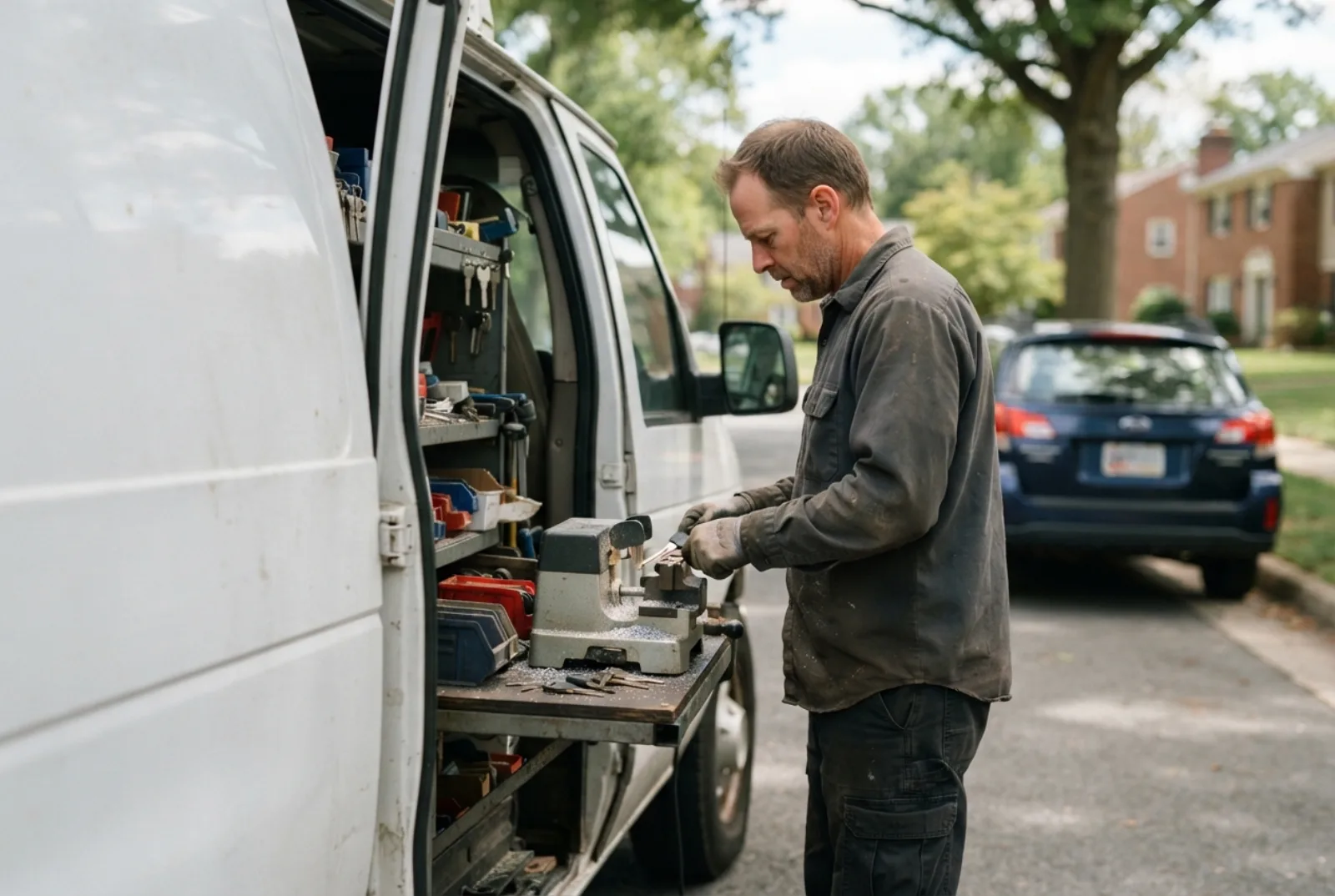 Car key replacement in Rockville: a locksmith cutting a transponder key at the van