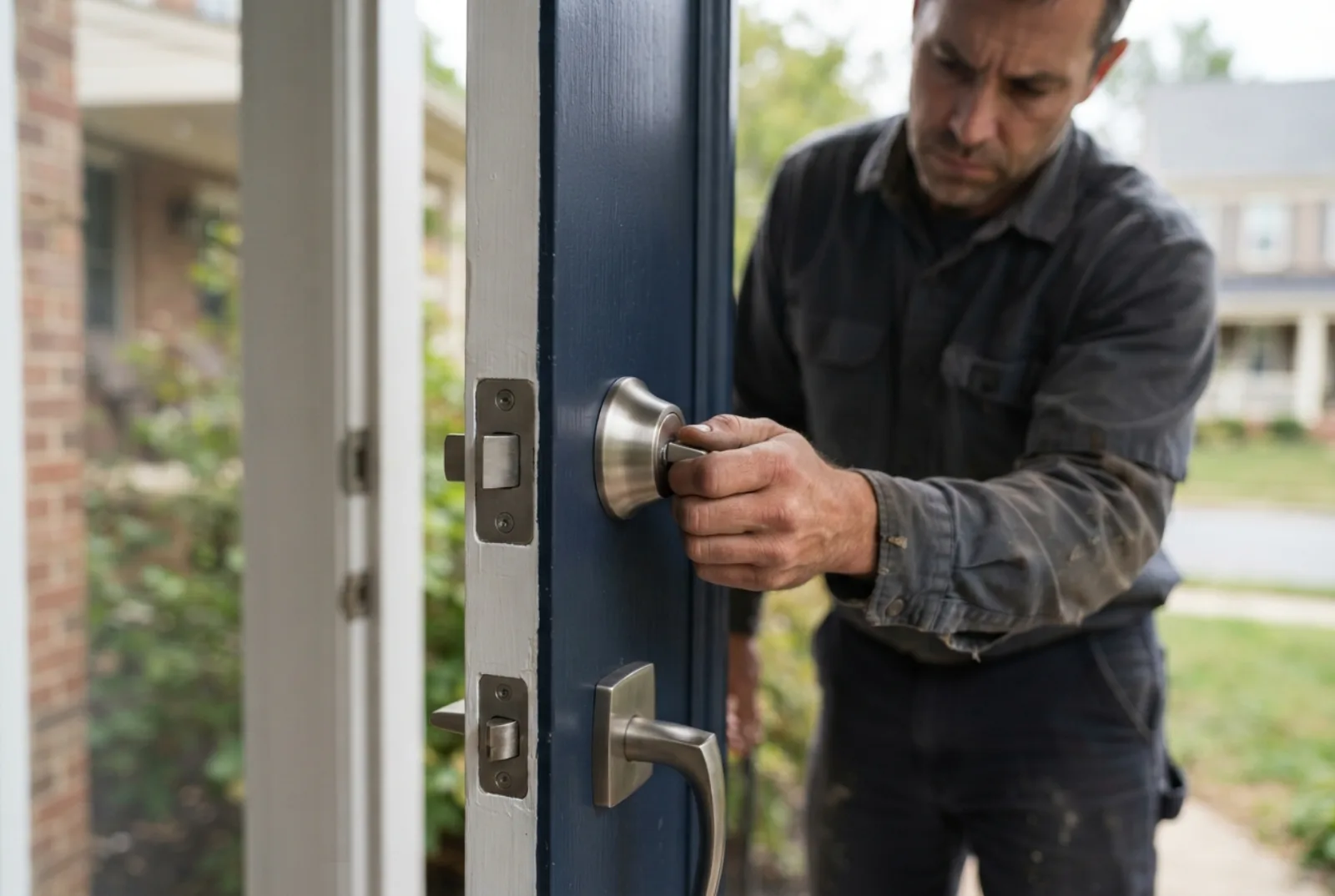 Rekey or replace your locks: a new deadbolt fitted to a wooden door