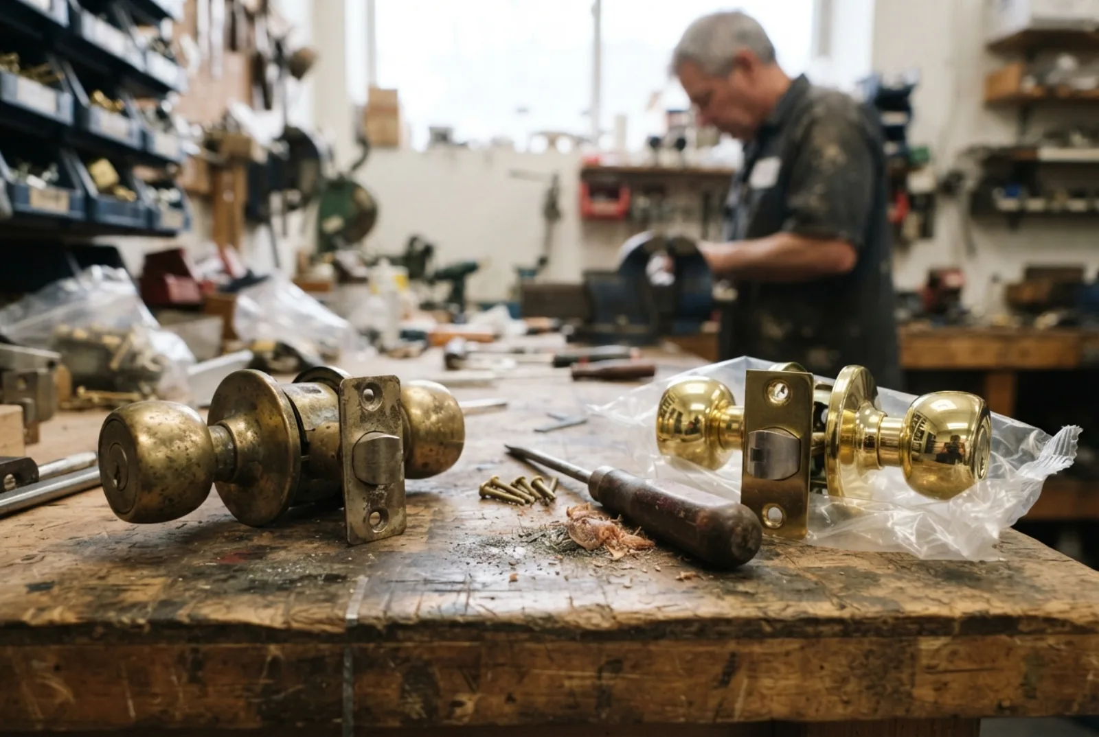 Change the locks when you move in: old and new door hardware side by side