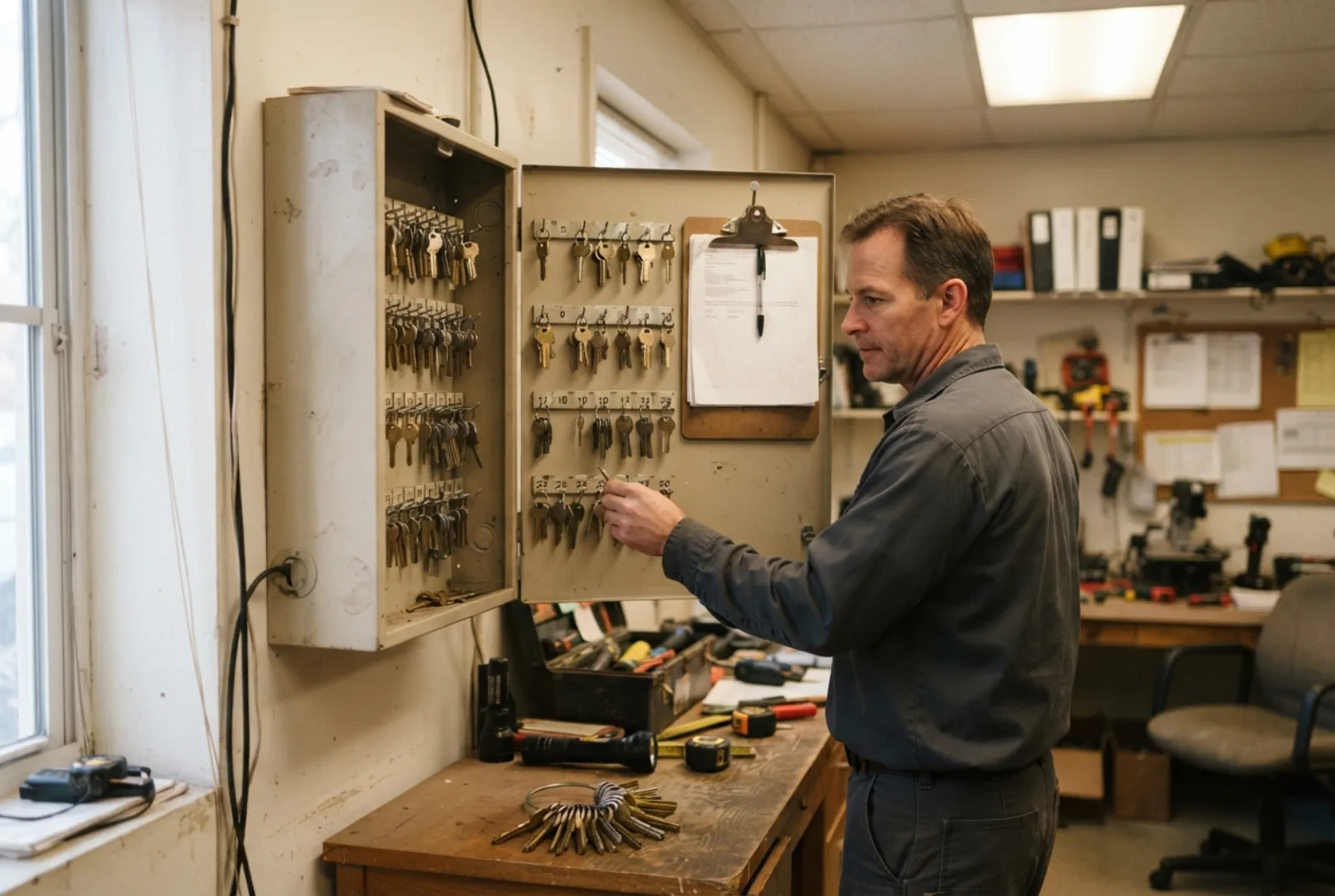 Master key system for a small business: a key control cabinet in a back office