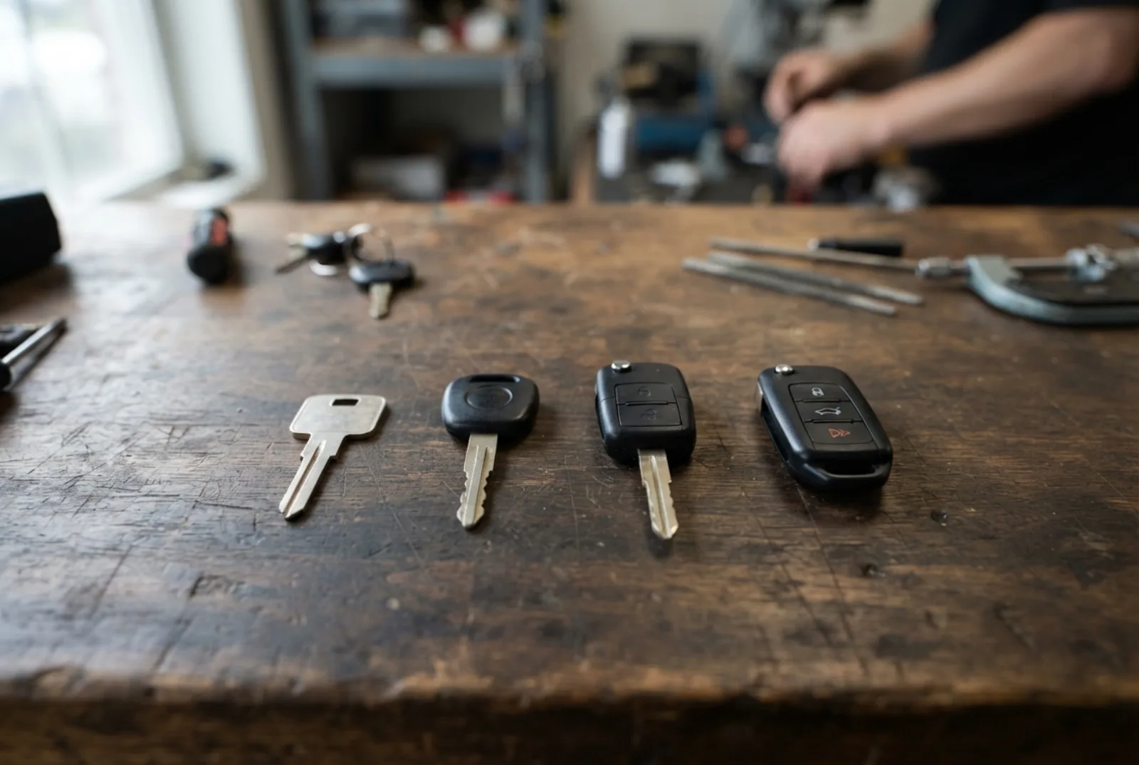 Car key replacement in Rockville: four types of car key laid out on a bench