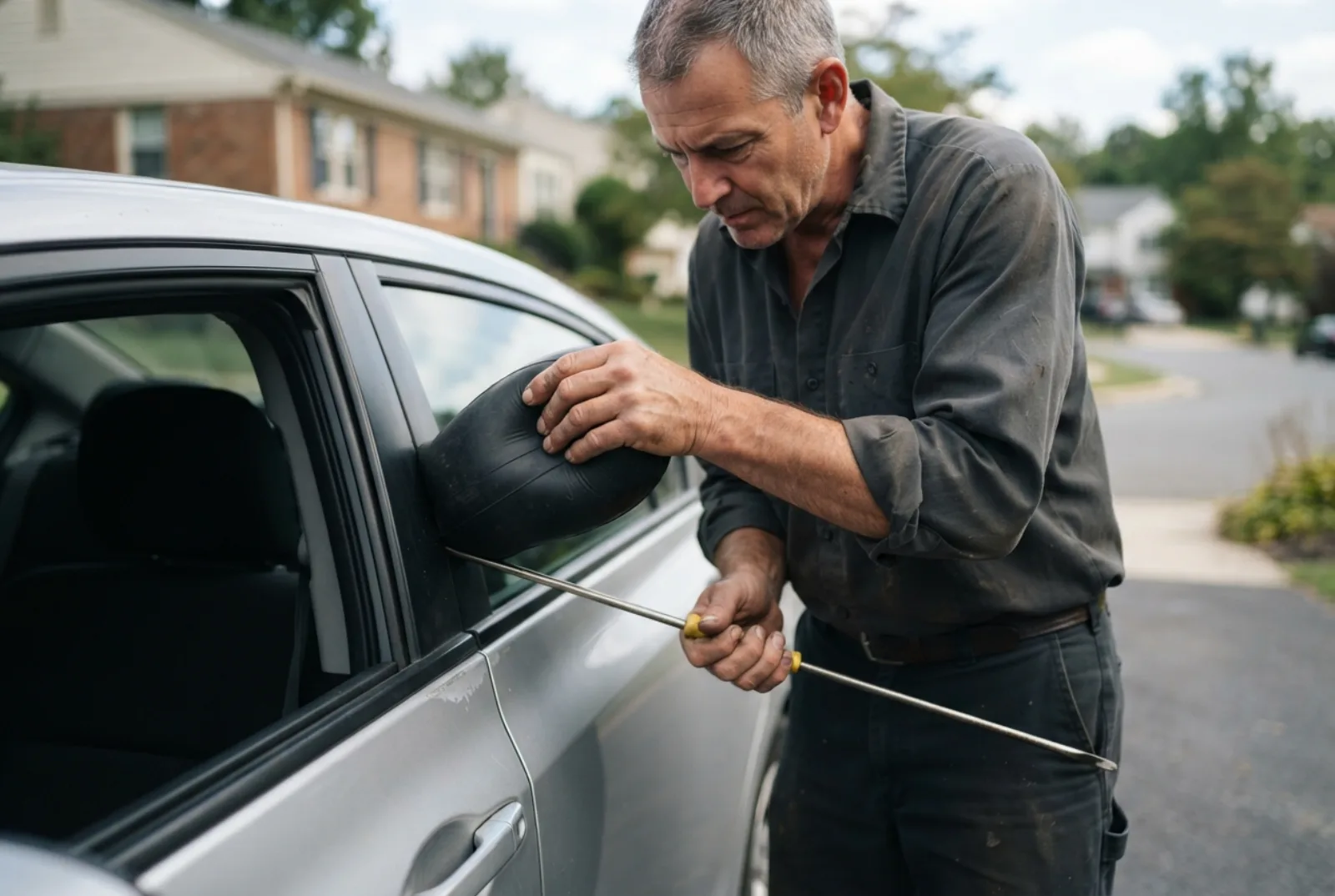 Locked out of your car in Rockville: an air wedge and long reach tool at a car door