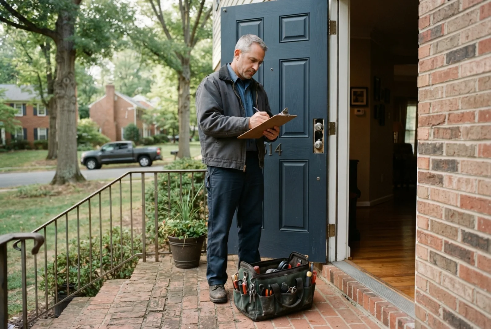 Locksmith cost in Montgomery County: a locksmith writing an estimate at a door