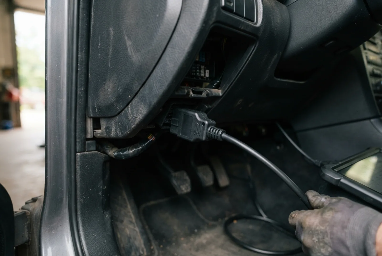 Car key programming in Rockville: a diagnostic tool connected under the dashboard