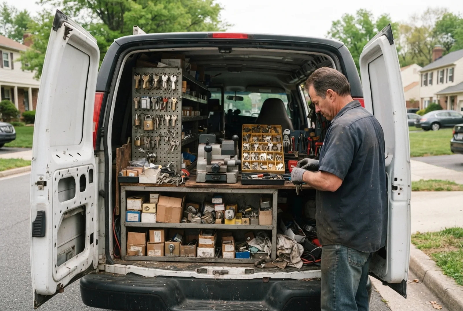 Locksmith cost in Montgomery County: the fitted interior of a locksmith work van