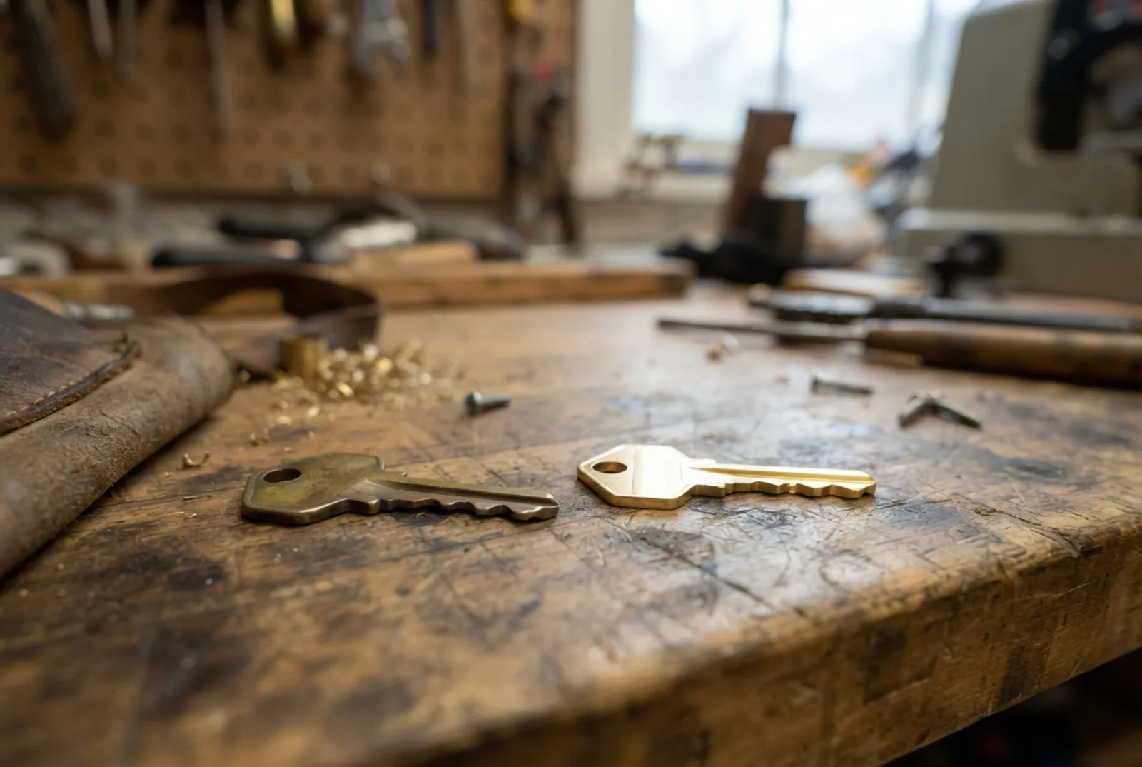 Broken key in the lock: a worn brass key next to a freshly cut one