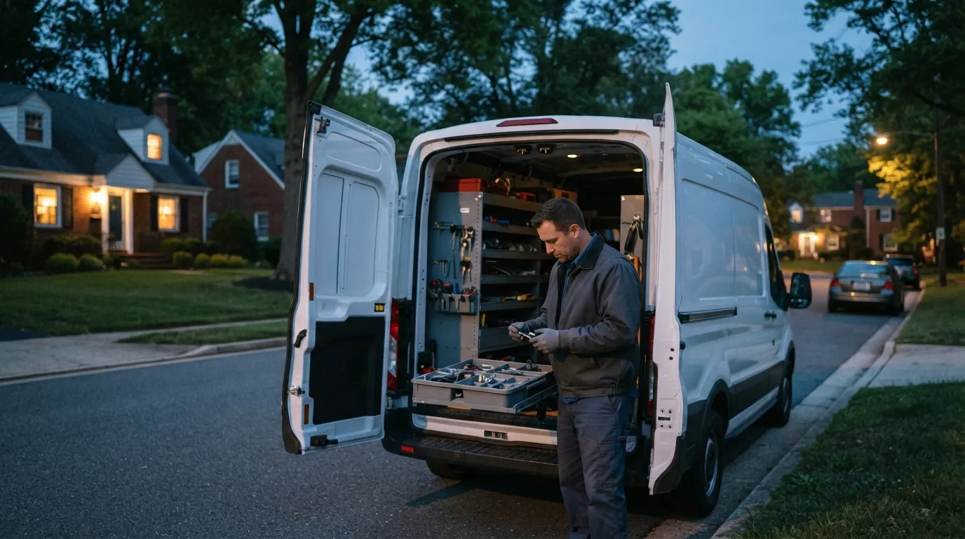 A mobile locksmith vehicle parked on a residential street at dusk, a technician standing beside the open rear doors sorting tools in soft natural light