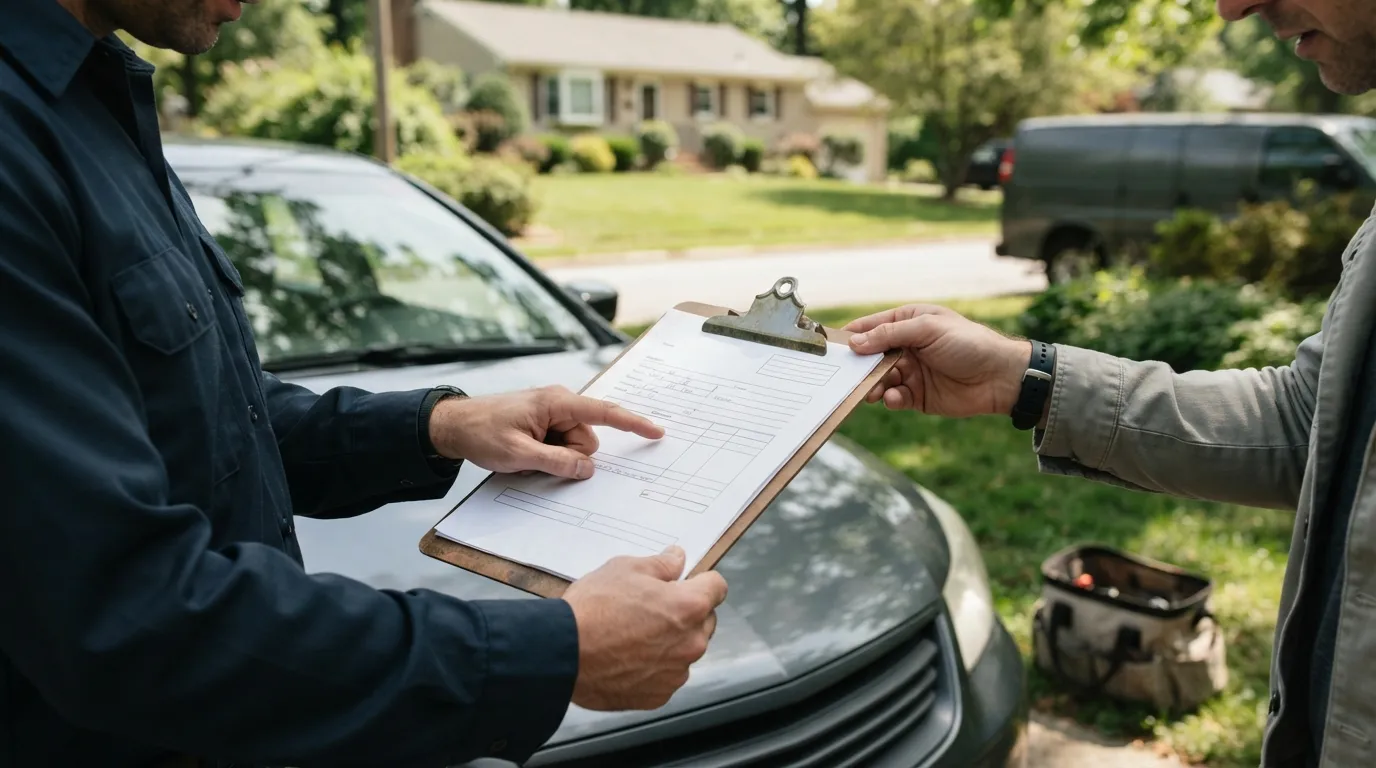 Hands holding a printed locksmith estimate on a clipboard in bright daylight, the clipboard resting on a car bonnet while a technician points to an item with a…