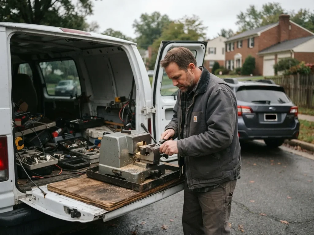 Locksmith cutting a replacement car key at the roadside