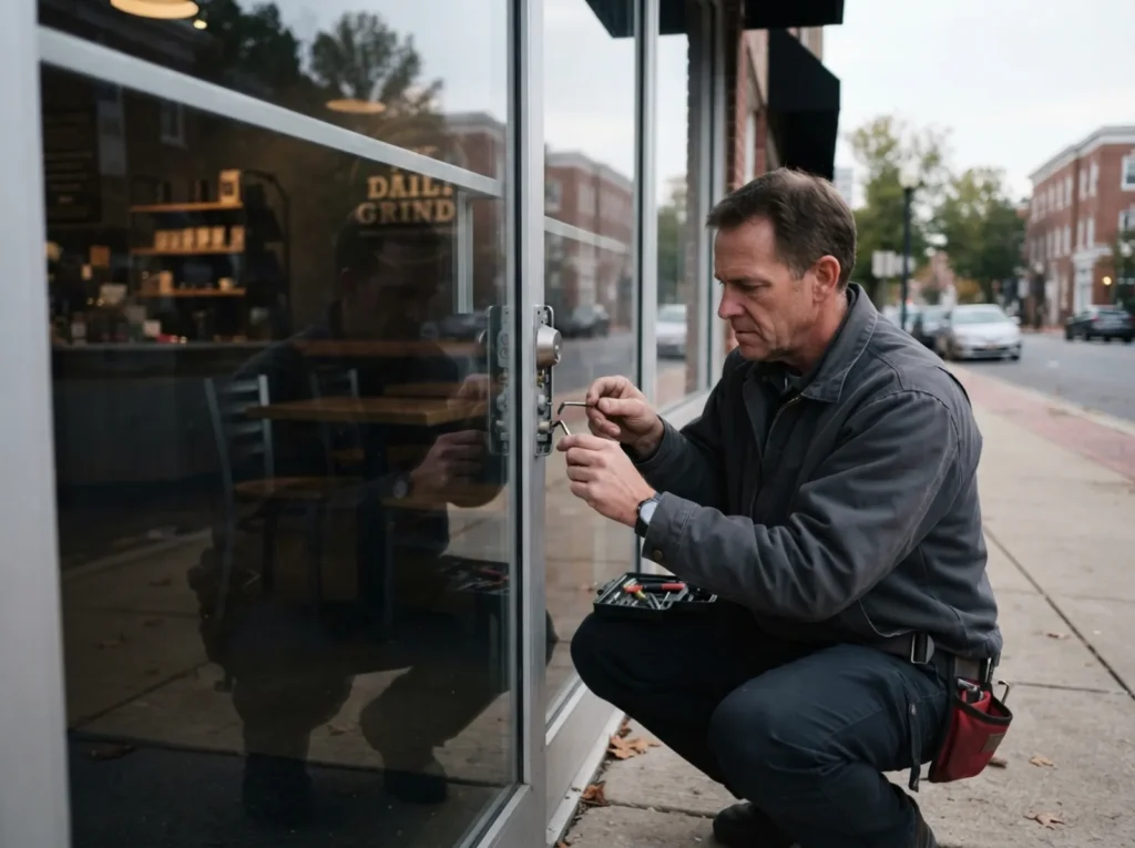 Locksmith servicing a storefront door lock