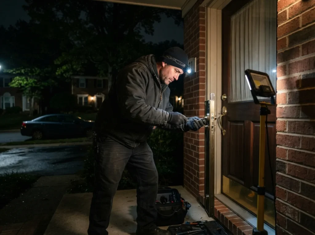 Locksmith working a night lockout at a front door