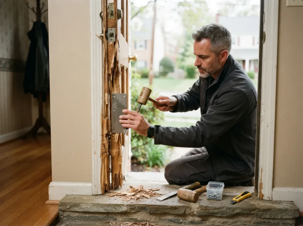 Repairing a damaged door frame after a forced entry