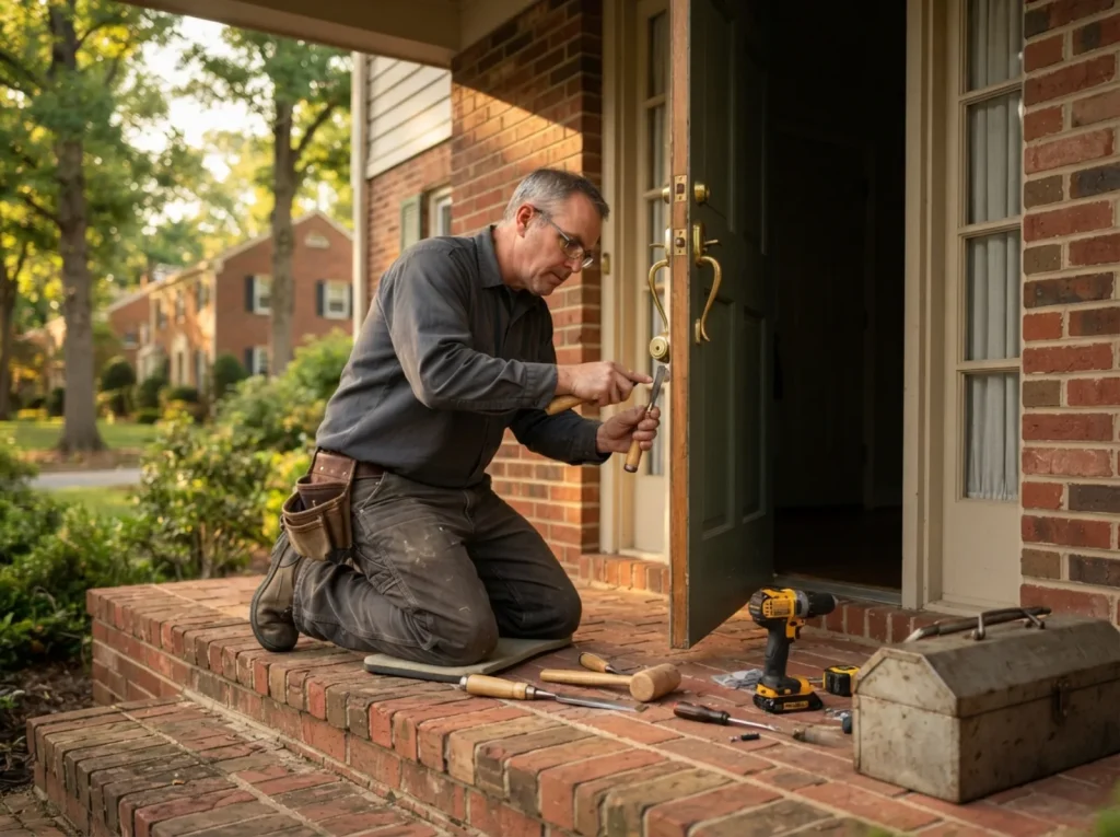 Locksmith fitting a deadbolt to a suburban front door in Rockville, MD
