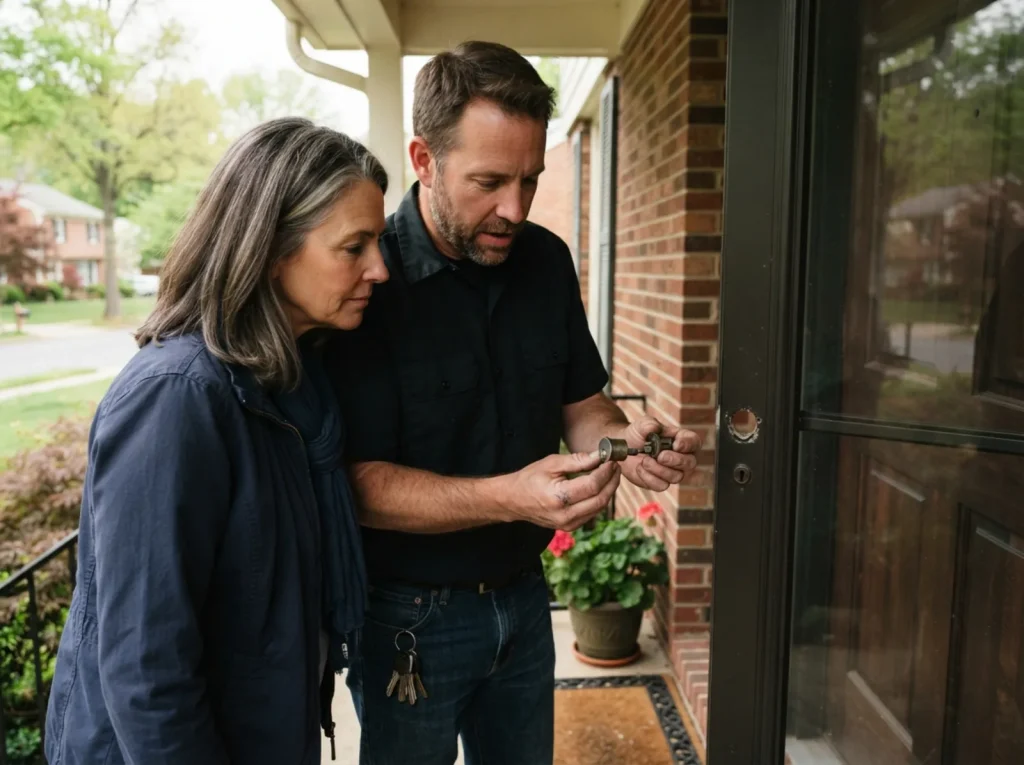 Locksmith talking a homeowner through the work at the door