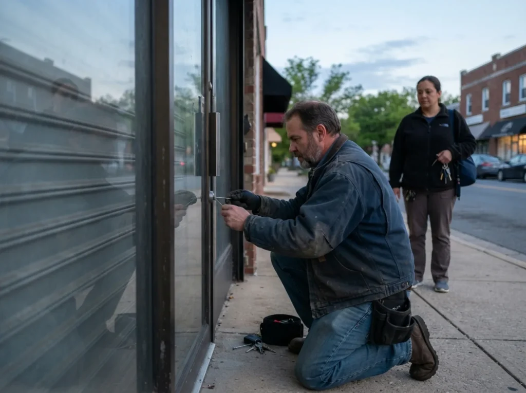 Locksmith opening a shop door early in the morning