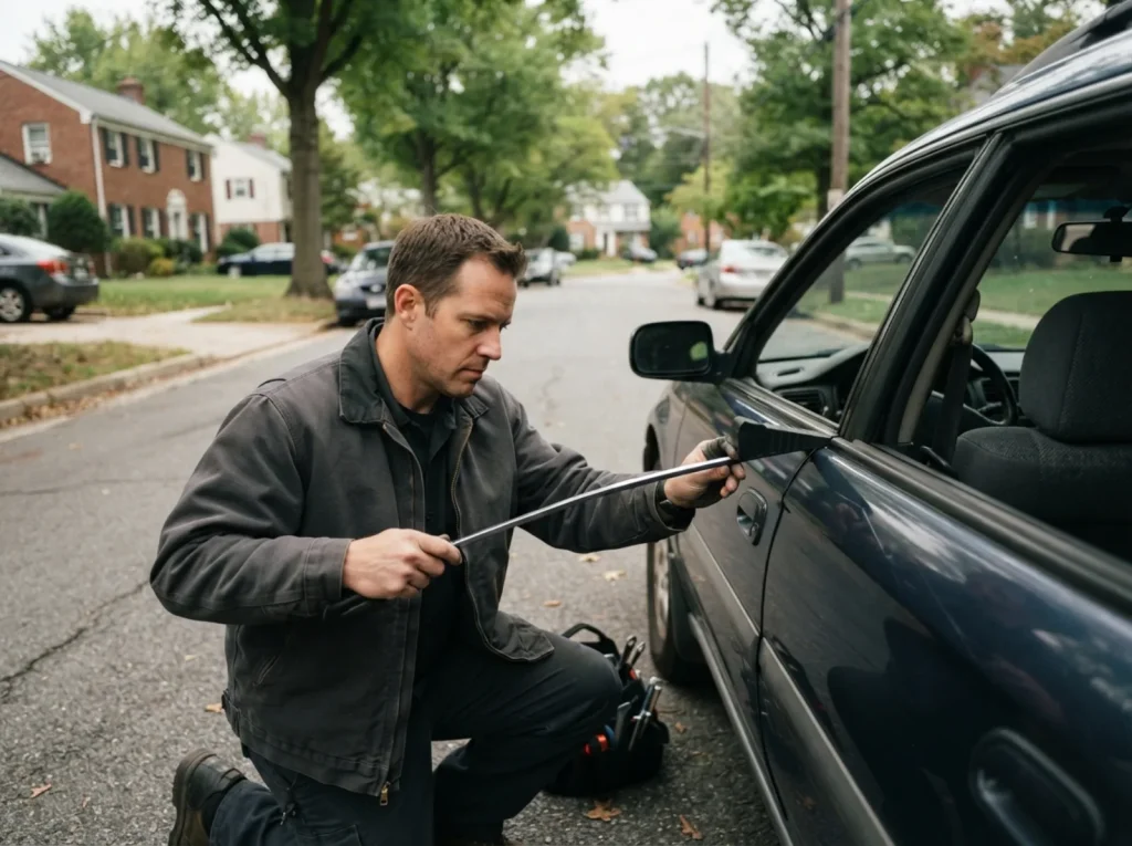Opening a locked car door with a wedge and rod