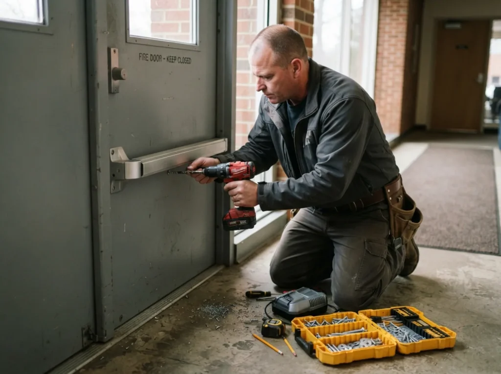 Fitting a panic bar to a commercial door