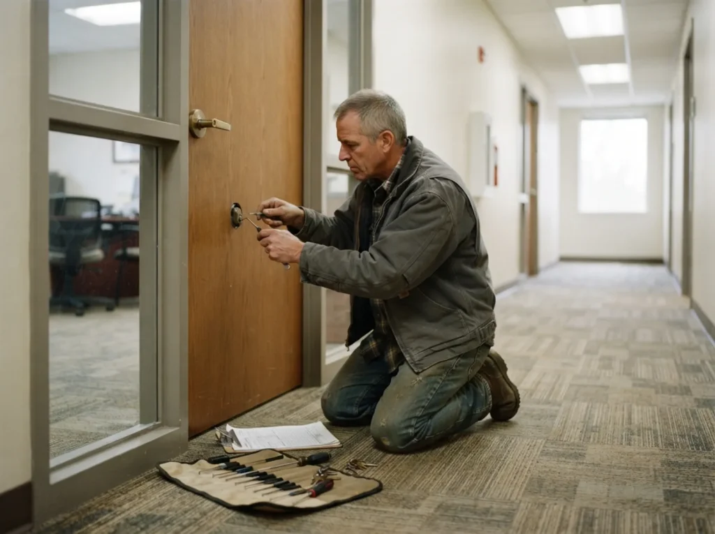 Locksmith opening an office suite door