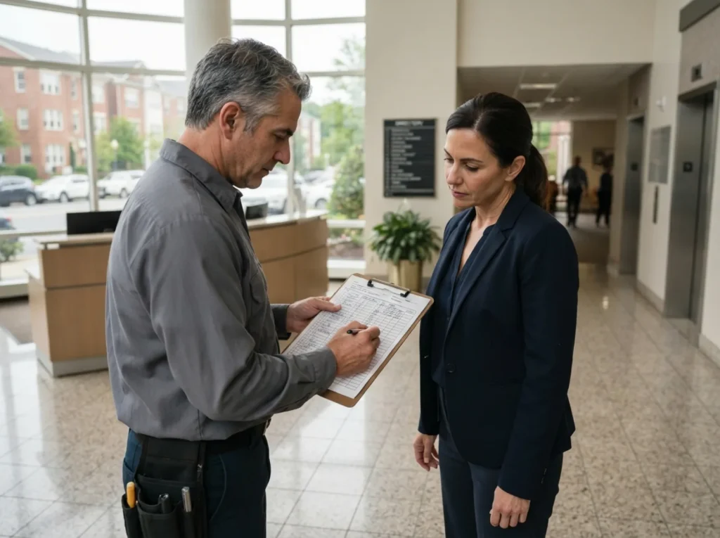 Locksmith and property manager reviewing a key schedule