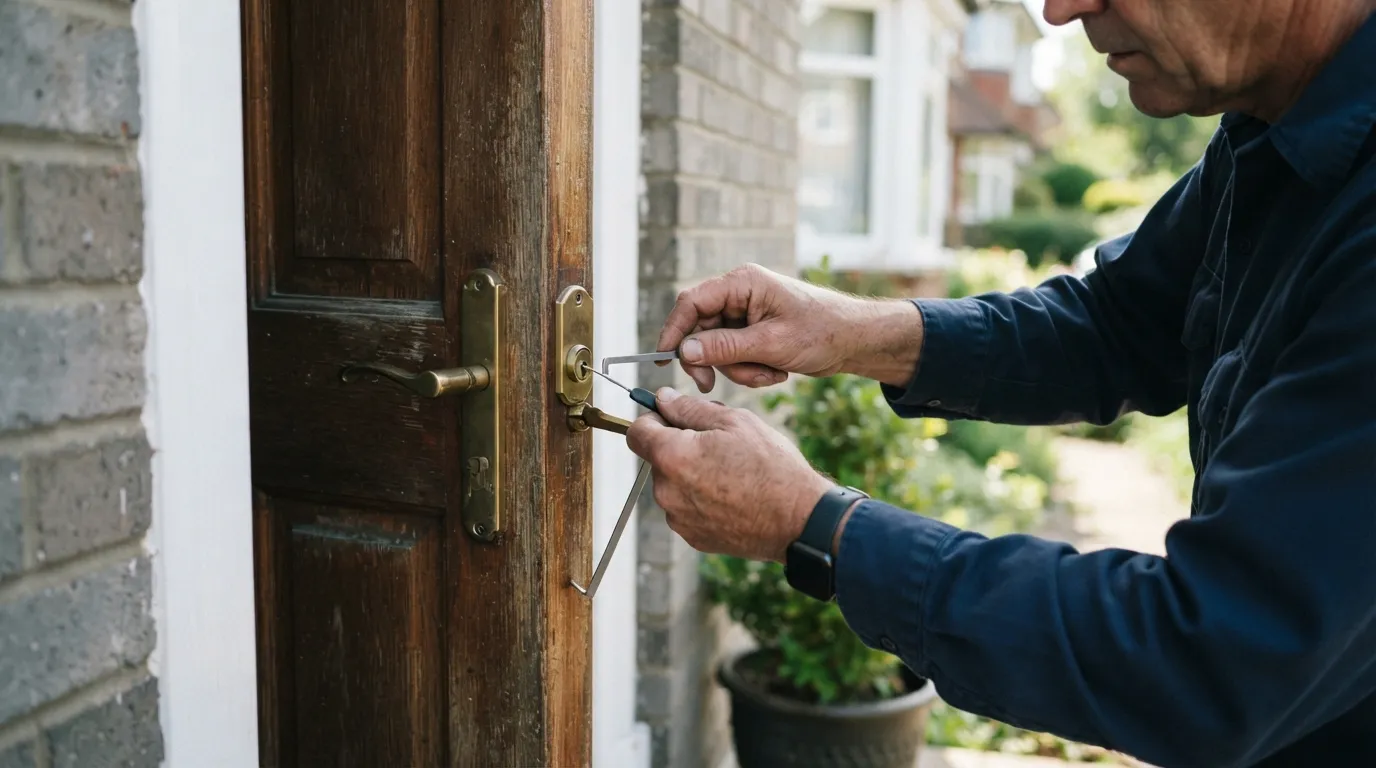 Close-up of hands holding locksmith tools next to a wooden front door, sunlight on the door edge