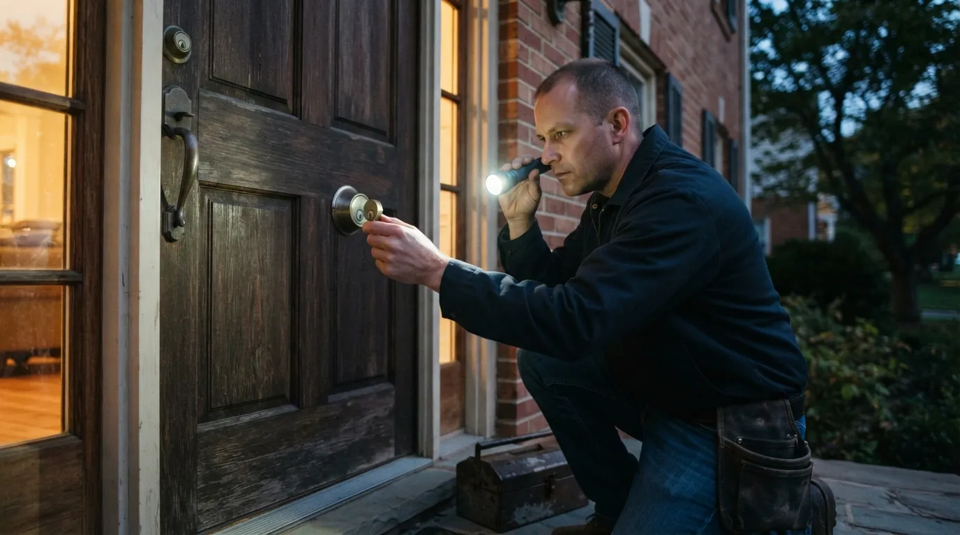 A locksmith at twilight using a flashlight to examine a metal deadbolt on a residential front door, focused work light on the lock