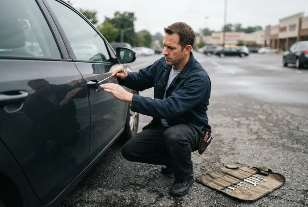 Locksmith working the door lock of a car in a car park