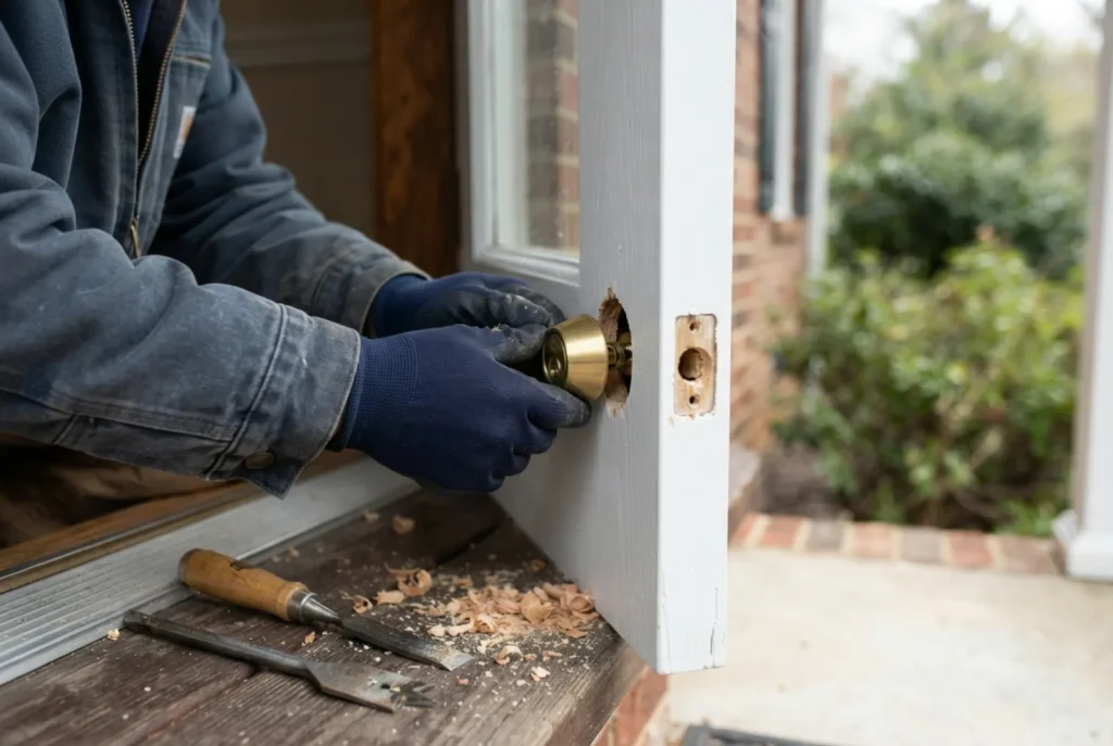 Deadbolt being fitted to a painted front door