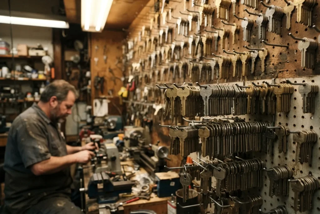 Wall of hanging key blanks in a locksmith workshop