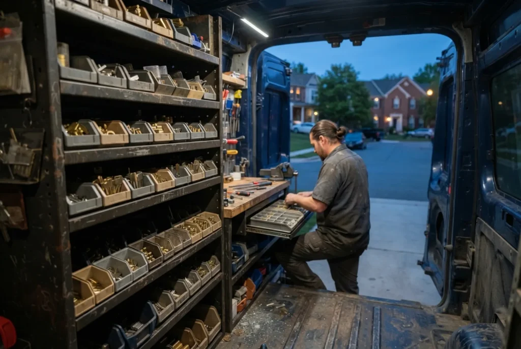 Organised tool shelving inside a locksmith service van