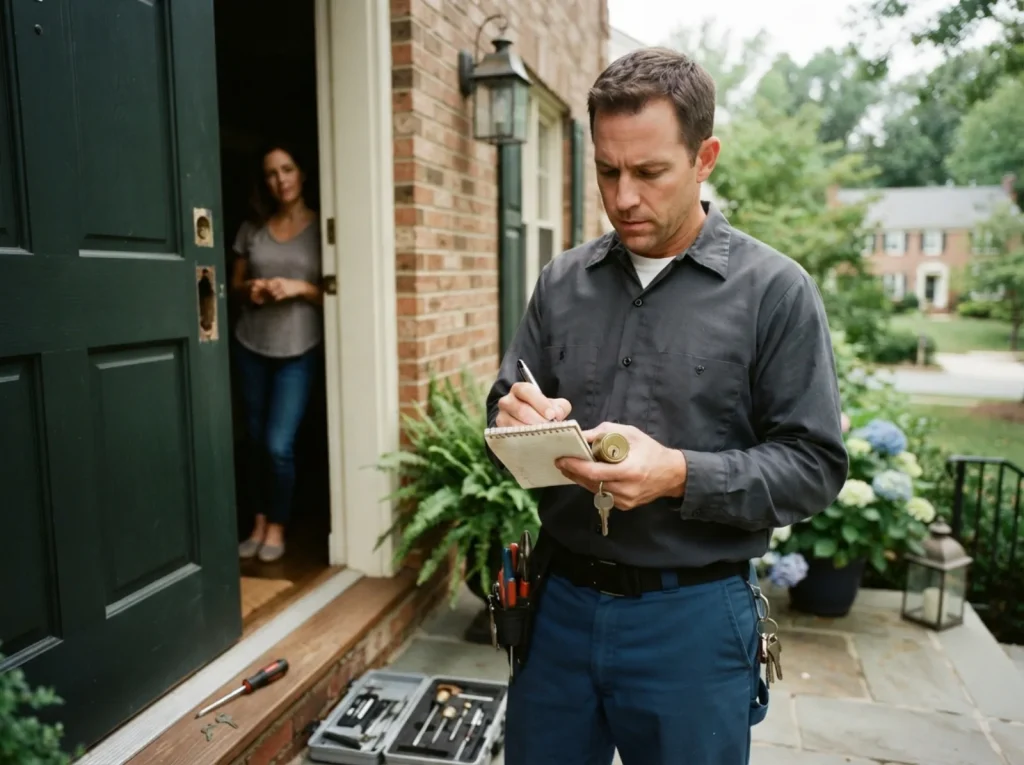 Locksmith writing a price on a pad at the door