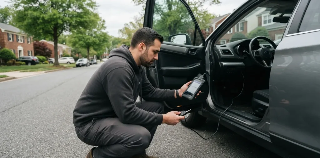 Locksmith programming a replacement car key at the roadside