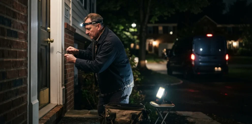 Locksmith working a night callout at a front door