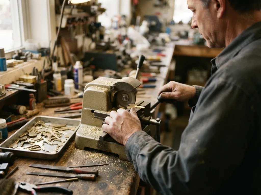 Locksmith cutting a key on the bench at the Rockville shop