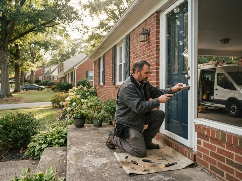 Locksmith at a brick rambler front door