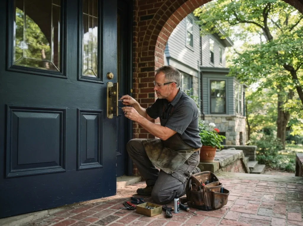 Locksmith repairing a period front door lock