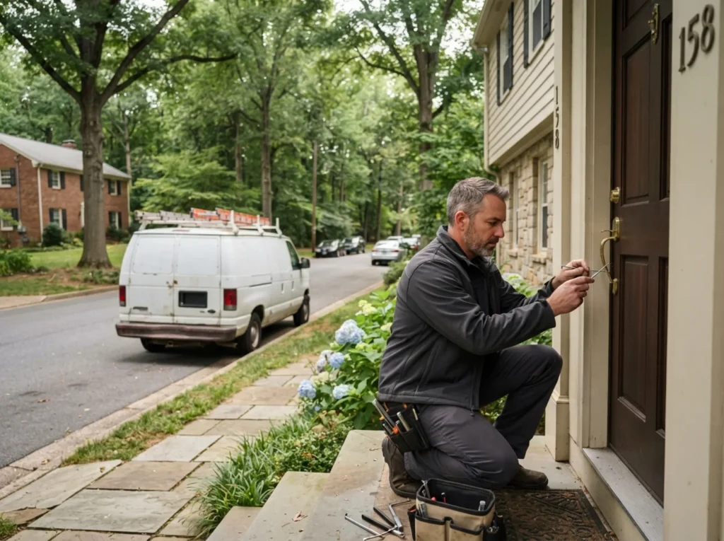 Locksmith at a suburban house on a wooded street