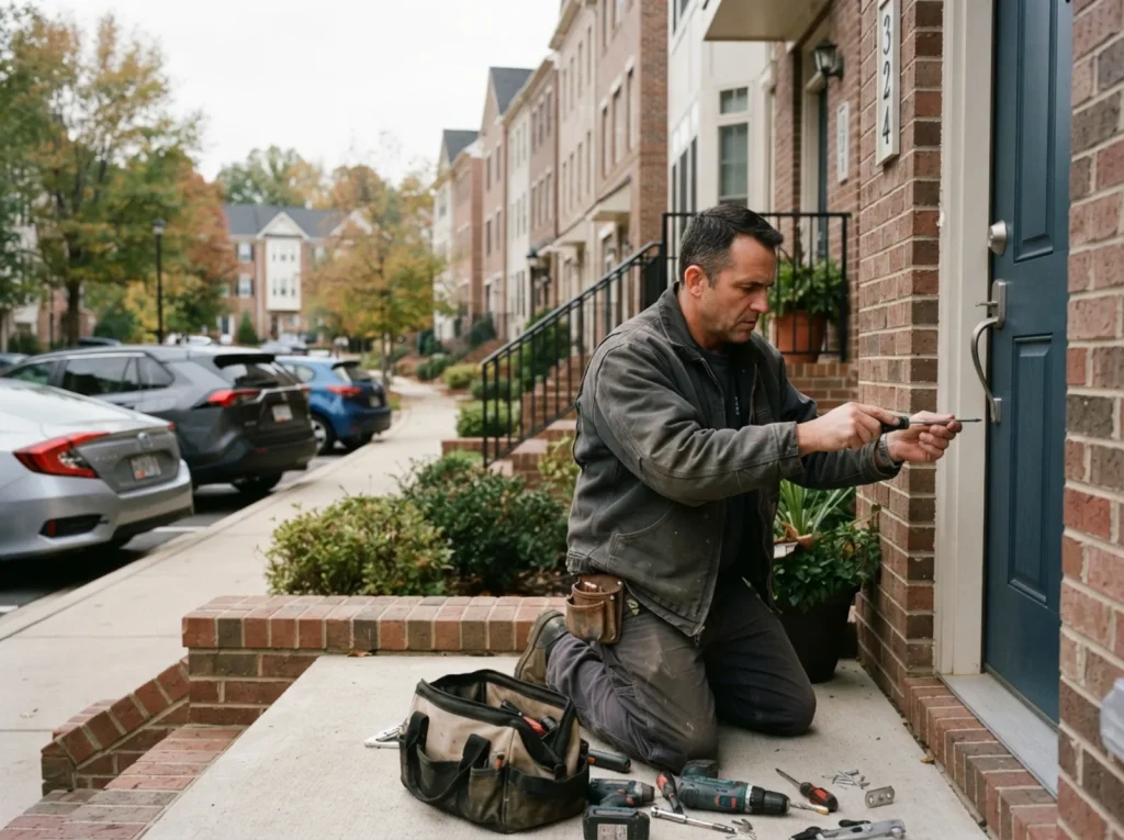 Locksmith at a townhouse front door