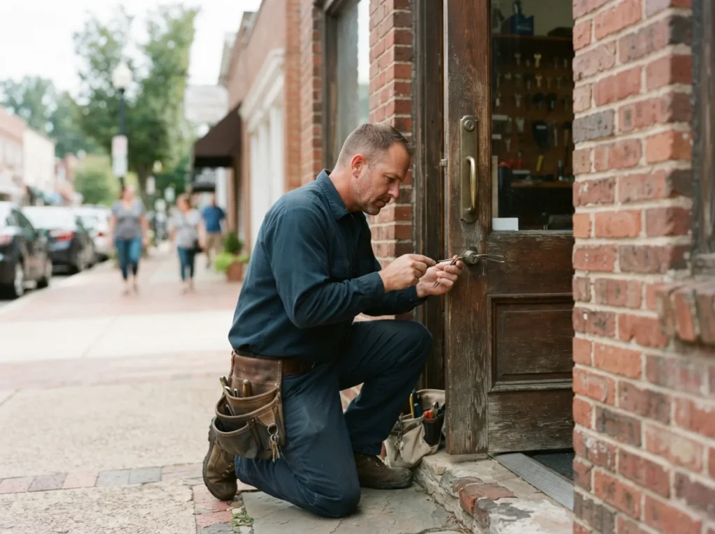 Locksmith outside a small-town shopfront