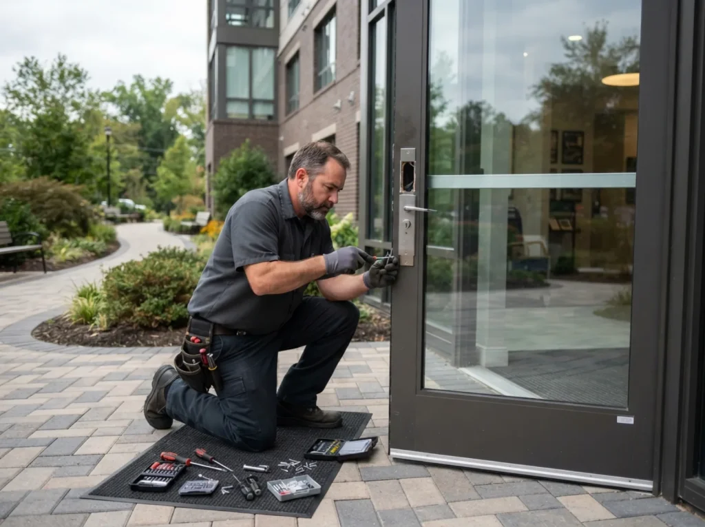 Locksmith working at an apartment building entrance