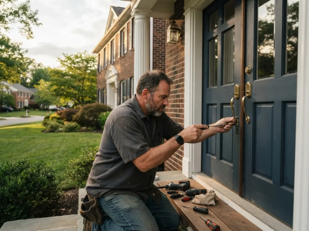 Locksmith at the front door of a large suburban house