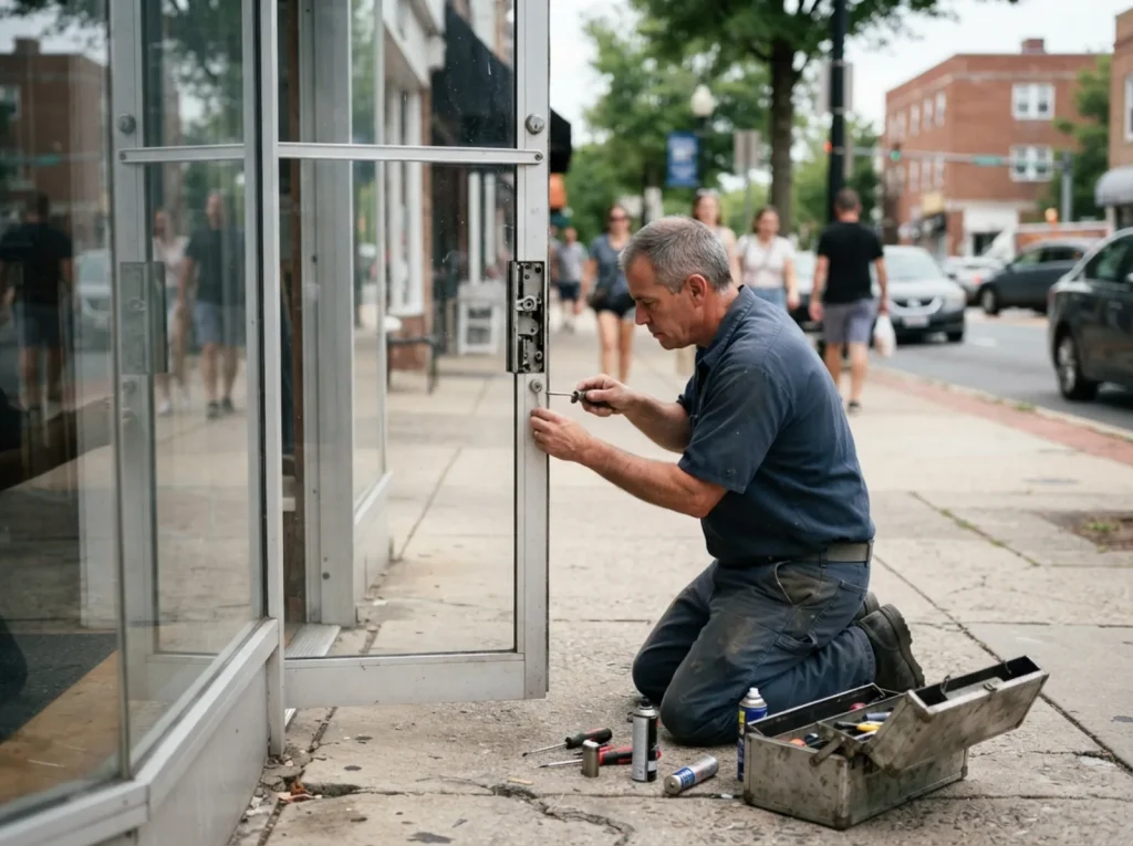 Locksmith working on a small storefront door
